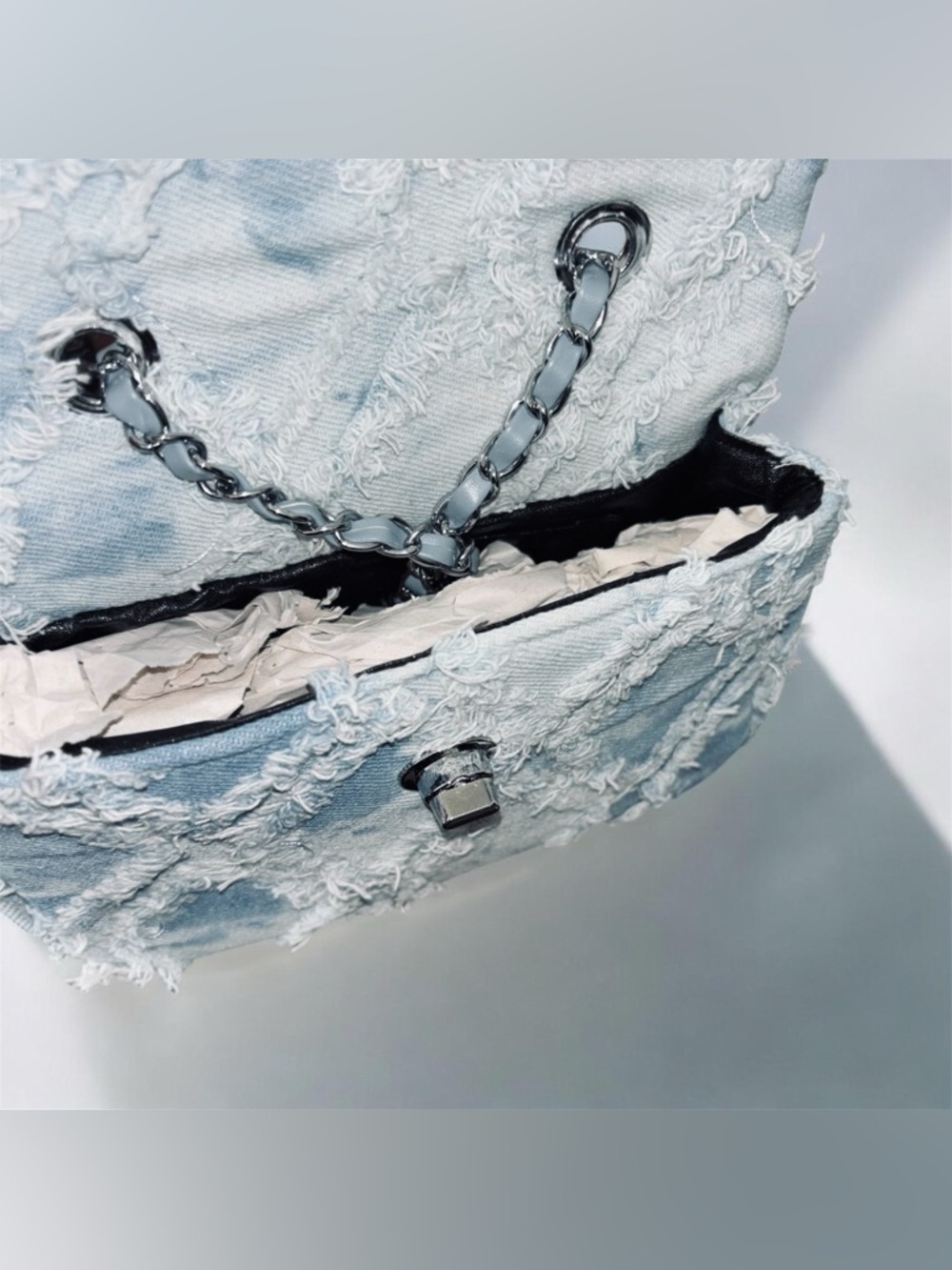 Frayed Light Blue Denim Crossbody Bag with Turn-Lock - Picture 4 of 6